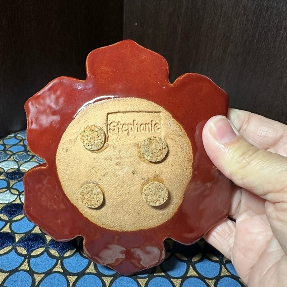 Two Handmade Ceramic Trinket Dishes. Red/Lavender with White Lace Detailing. - Picture 5 of 7